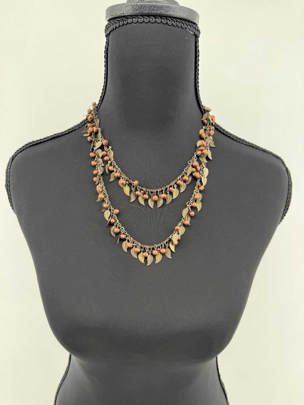 Vintage Women’s Necklace Leaves And Beads Bronze Tone Boho Fairy Whimsygoth Long